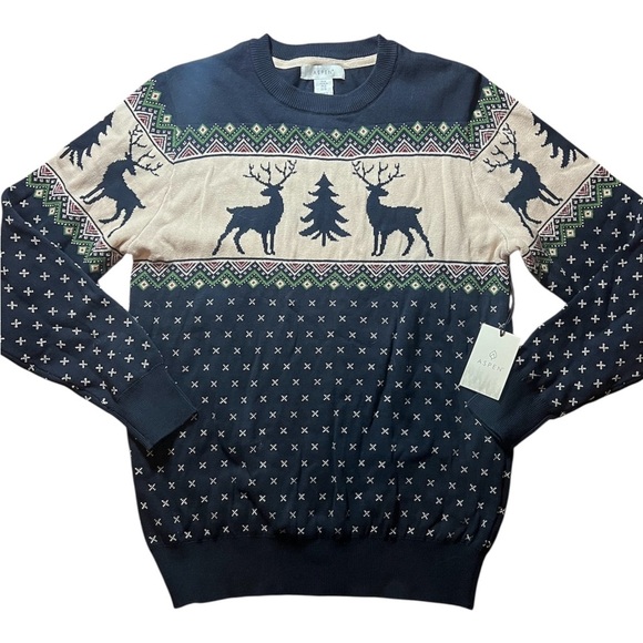 Aspen 100% Cotton Crewneck Navy and Cream Reindeer Sweater Unisex NWT - Picture 1 of 5